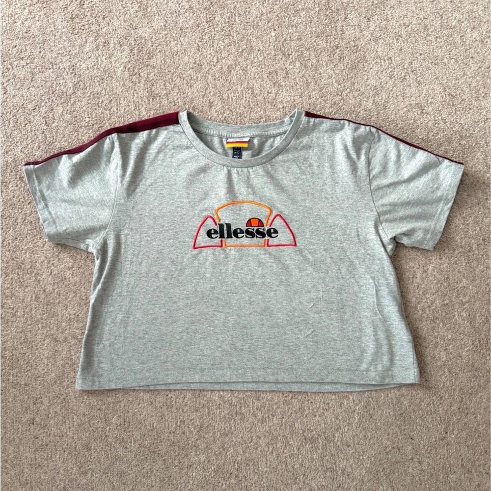 Ellesse Grey & Orange Cropped T-Shirt Crop Top Embroidered - Women’s Size UK